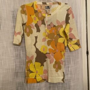 Lucky Brand Vintage Floral Short Sleeve Top - Yellow, Pink, and Brown